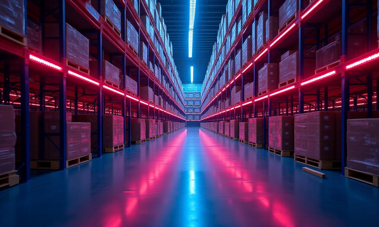 Automated supply chain warehouse with magenta lighting